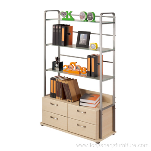 Iron Frame Wooden Bookshelf With Drawers